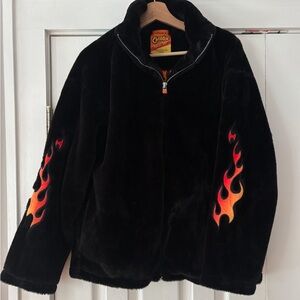 Forever 21 Hot Cheetos Collab Faux‎ Fur Black Jacket Flame Accents Size Med EUC
